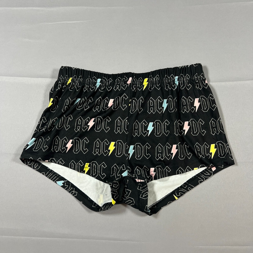 AC/DC Sleep Boxer Shorts Womens XS Black Allover Logo Graphic Print Stretch